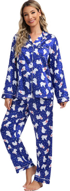SWOMOG Womens Silk Satin Pajamas Set Long Sleeve Button Down Sleepwear 2 Piece Lounge Set Pj Set XS-3XL