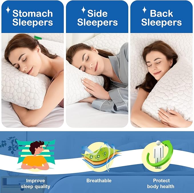Cooling Pillow Standard Size Set of 2, Adjustable Bed Pillows for Sleeping, Luxury Shredded Memory Foam Pillows 2 Pack, Cool Soft Yet Supportive Firm Pillow for Side,Back,Stomach Sleepers, Hot Sleeper