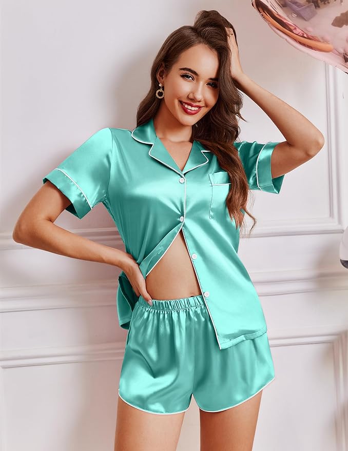 Ekouaer Womens Silk Satin Pajamas Short Sleeve PJS Shorts Set Soft Button Down Sleepwear 2 Piece Loungewear S-5XL