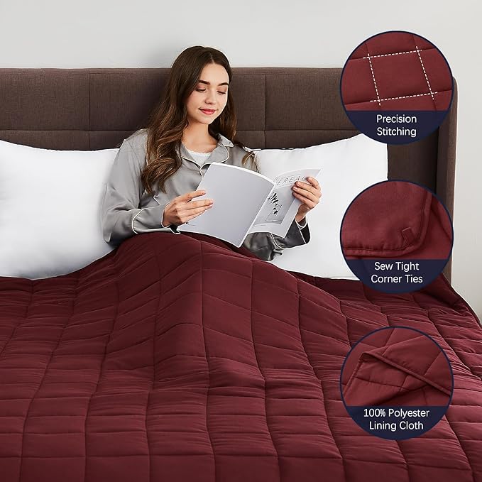 CuteKing Weighted Blanket for Adults: Weighted Blanket with Premium Glass Beads - Breathable Heavy Blanket for Comfort Sleep - Thick Blanket for Adult All Season (15lbs, 48"x72", Claret Red)