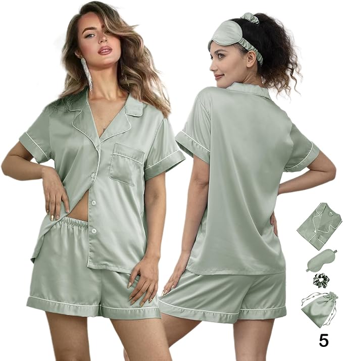 WJing Yi Jia 5Pcs Womens Soft Satin Pajama Set XS-4XL Button-Down Silk Pajamas Floral Sleepwear Bridal Pjs Lounge Pj Sets