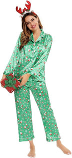 SWOMOG Womens Silk Satin Pajamas Set Long Sleeve Button Down Sleepwear 2 Piece Lounge Set Pj Set XS-3XL