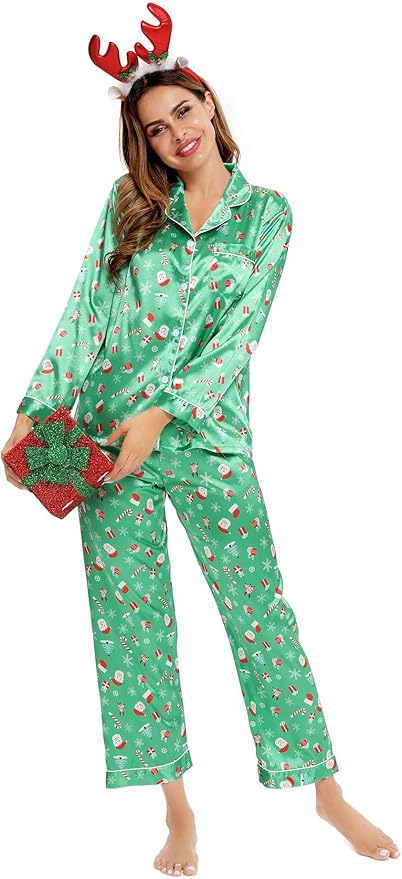SWOMOG Womens Silk Satin Pajamas Set Long Sleeve Button Down Sleepwear 2 Piece Lounge Set Pj Set XS-3XL