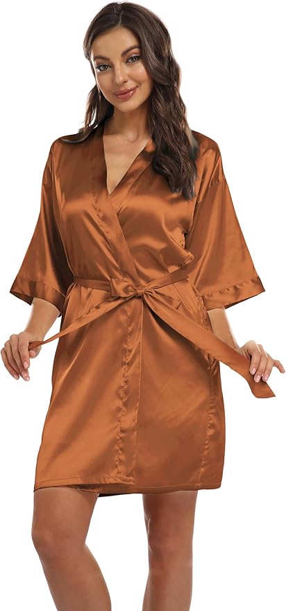 Women's Pure Short Kimono Robes Bride Bridesmaids Silky Bathrobe Lightweight Satin Sleepwear