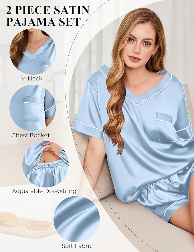 Silk Pajamas for Women Short Sleeve Satin 2 Piece Pj Set Soft V Neck Sleepwear Loungewear, S-XXL