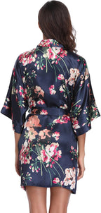 Women's Floral Satin Robes Bride Bridesmaid Getting Ready Robe Short Silky Kimono Sleepwear for Wedding Party