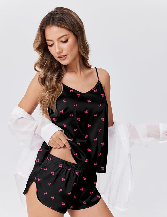 Ekouaer Satin Pajamas Set for Women Silk Cami Pjs Sets Soft Sleepwear V Neck Camisole Top and Shorts