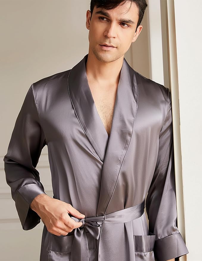 THXSILK Men’s Silk Robe Long Bathrobes, Luxury Lightweight Sleepwear, Two Pockets, Pure Mulberry Silk loungewear