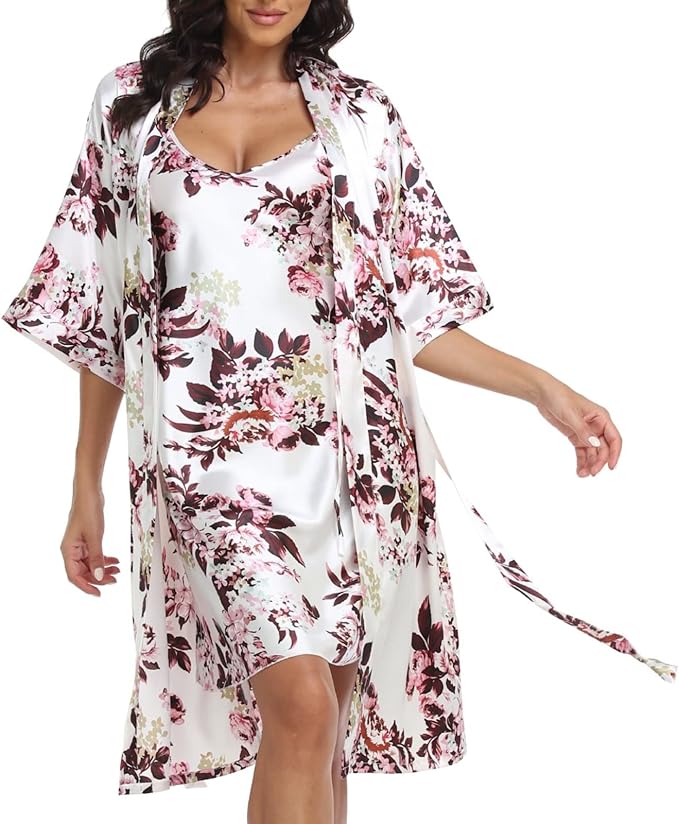 Women's Satin Robe Sets 2 Piece Nightgown Silk Pajama Sexy Floral Lingerie Lace Cami Sleepwear Night Robes