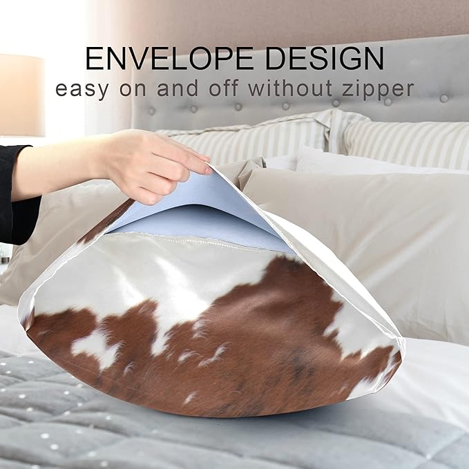 Farm Animal Cow Brown Cowhide Print Satin Pillowcase for Hair and Skin, Cow Skin Pattern Silk Pillow Case with Envelope Closure, Standard Size 20x26 inches, 1 PC