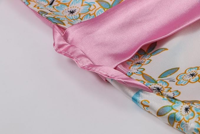 Valennia Women Long Silky Bathrobe Satin Kimono Robe Floral Printed Dressing Gown Sleepwear