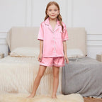 QPANCY Kids Satin Pajamas Sets Baby Boy Girl Button-Down Silk Sleepwear 2 Piece Short Sleeve Loungewear Clothes Set