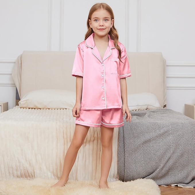 QPANCY Kids Satin Pajamas Sets Baby Boy Girl Button-Down Silk Sleepwear 2 Piece Short Sleeve Loungewear Clothes Set