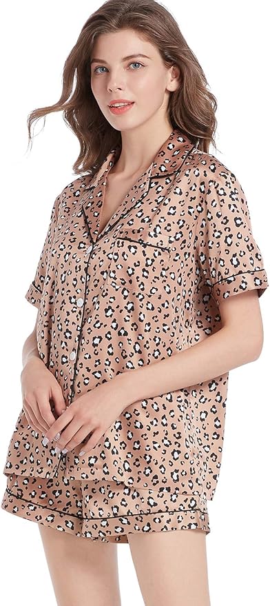 Serenedelicacy Women's Satin Pajama Set 2-Piece Sleepwear Loungewear Button Down Short Sleeve Silky PJ Set