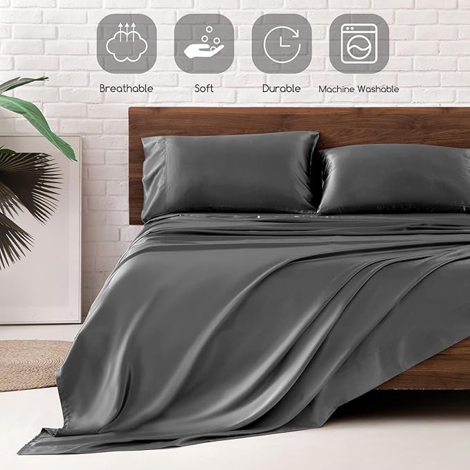 MR&HM Satin Bed Sheets, Twin XL Size Sheets Set, 3 Pcs Silky Bedding Set with 15 Inches Deep Pocket for Mattress (Twin XL, Dark Grey)