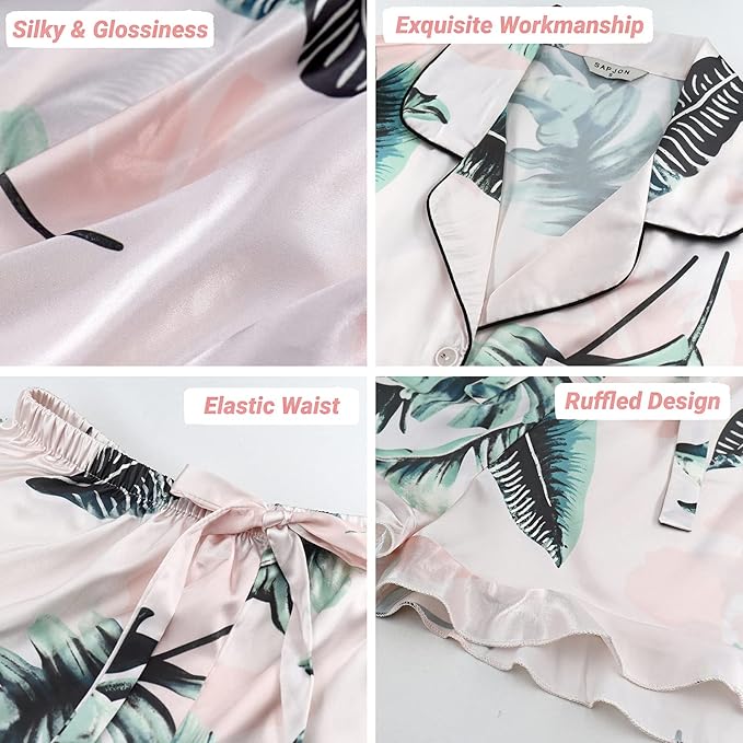 SAPJON Satin Silk Pajamas for Women 2Pcs Ruffle Notch Collar Sleepwear Button Down Short Sleeve Shorts Pjs Set Loungewear