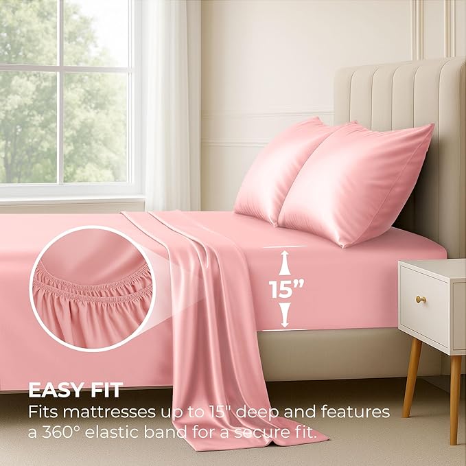 Satin Sheets Twin [3-Piece, Pink] Hotel Luxury Silky Bed Sheets - Extra Soft 1800 Microfiber Sheet Set, Wrinkle, Fade, Stain Resistant - Deep Pocket Fitted Sheet, Flat Sheet, Pillow Cases