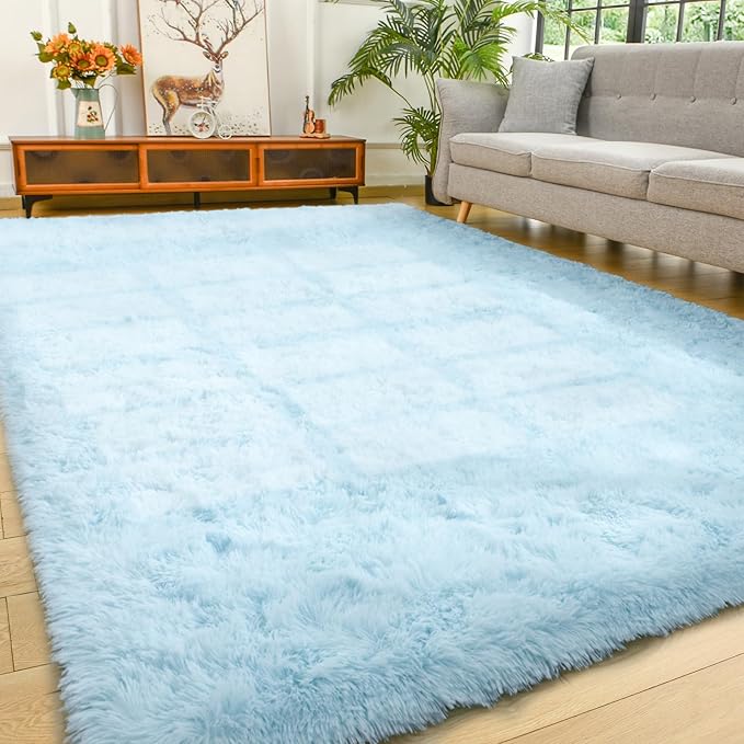 YJ.GWL Area Rugs for Living Room Bedroom, 5x8 Machine Washable Large Light Blue Carpet, Soft Fluffy Shaggy Thick Big Shag Indoor Floor Rug for Kids Boy and Girls Room Dorm Home Decor Aesthetic