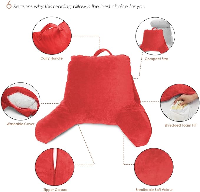 Clara Clark Reading Pillow for Kids & Teens with Shredded Memory Foam, Backrest Pillows for Reading, Watching, and Gaming, Use on The Couch, Bed, or Floor, Adjustable Support, Washable Cover Red