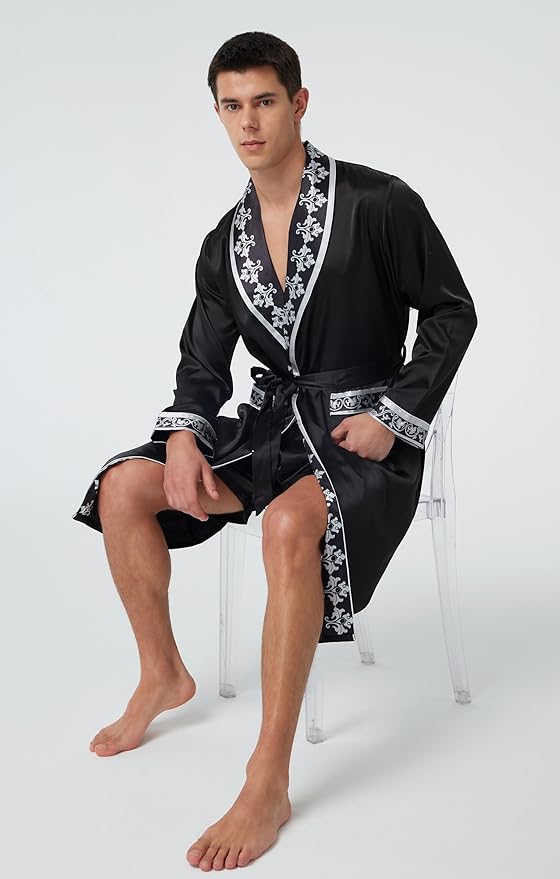 Tony & Candice Men's Satin Robe Lightweight Long Sleeve Silk Kimono Bathrobe with Shorts Set Sleepwear