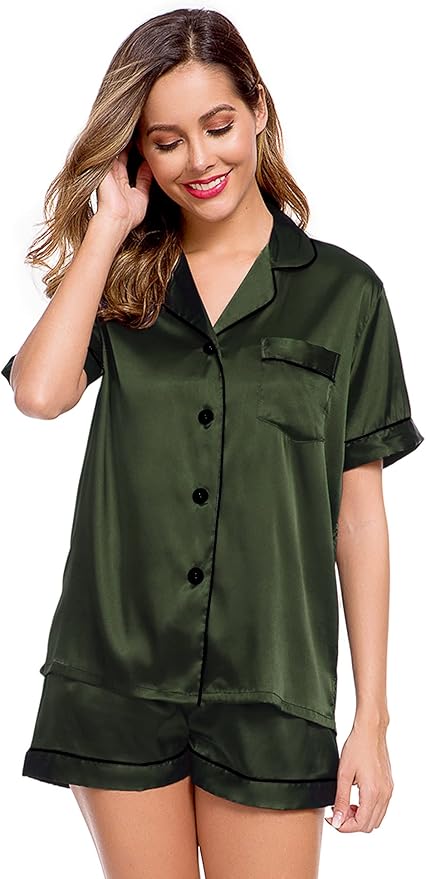 LecGee Womens Silk Satin Pajamas Short Sleeve Loungewear Two-Piece Sleepwear Button-Down Pj Set