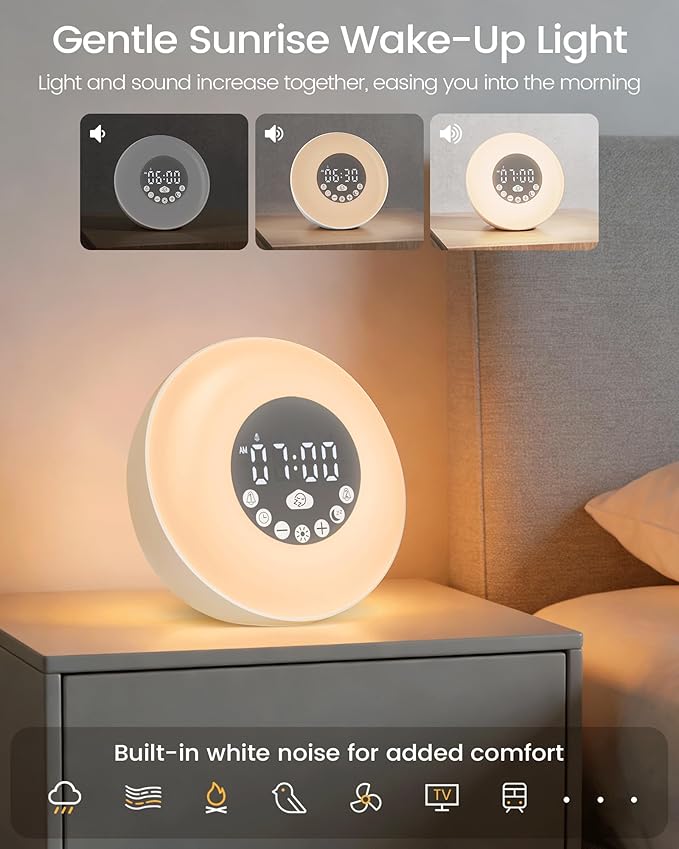 Glocusent Sunrise Alarm Clock for Kids & Heavy Sleepers, Wake Up Light with 14 White Noise Sounds, Dual Alarm Clock, Bluetooth Speaker, Bedside Night Light for Bedroom.