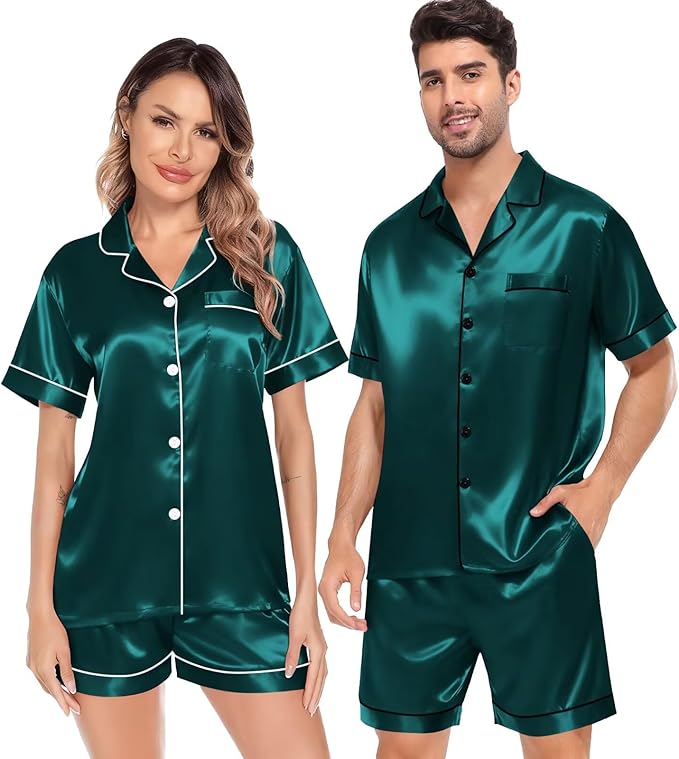 SWOMOG Satin Matching Pajamas Sets Couple Silk Button Down Nightwear Women & Men Short Sleeve Sleepwear 2 Pieces Loungewear