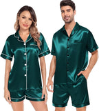 SWOMOG Satin Matching Pajamas Sets Couple Silk Button Down Nightwear Women & Men Short Sleeve Sleepwear 2 Pieces Loungewear
