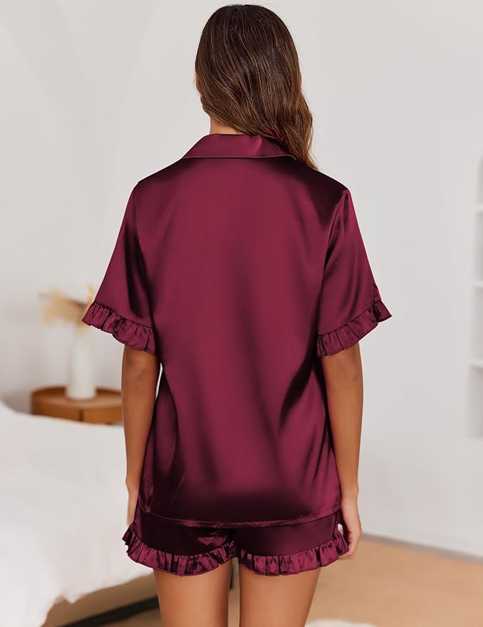 Ekouaer Satin Pajama Set for Women Button Down Silk 2 Piece Pj Sets Ruffle Short Sleeve Sleepwear