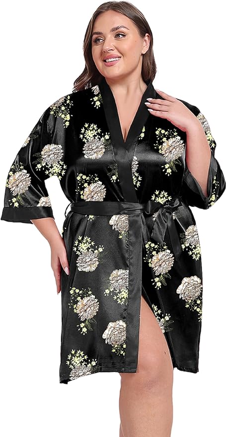 Women's Plus Size Satin Kimono Robes Short Silky Bathrobe Wedding Getting Ready Sleepwear Loungewear