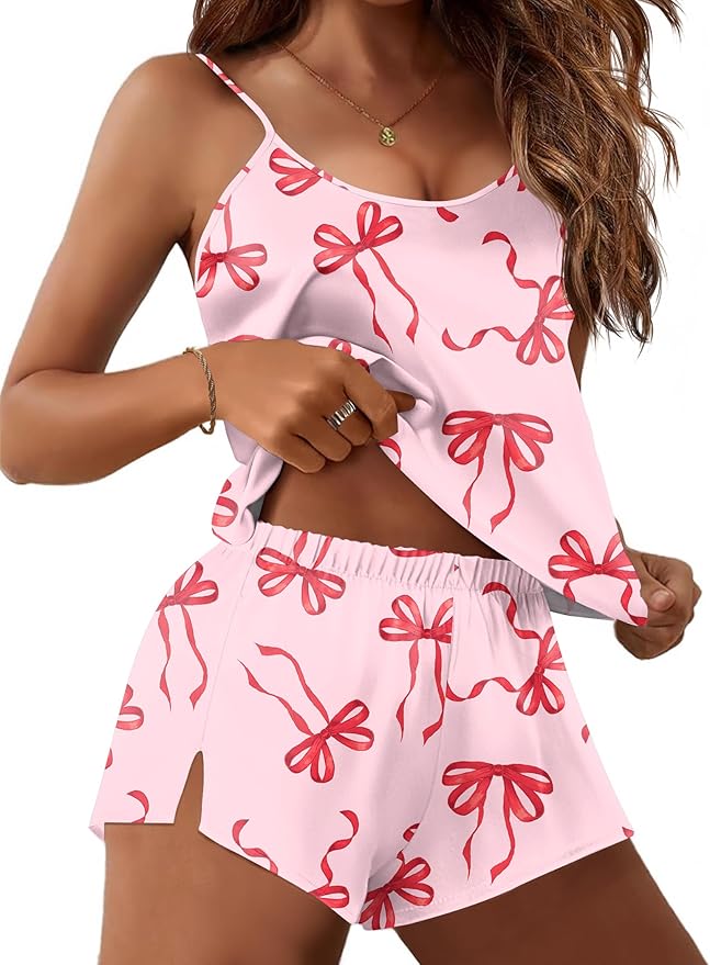 Ekouaer Silk Pajamas Set for Women Satin Lingerie Pjs Cami Top and Shorts Soft 2 Piece Nightwear