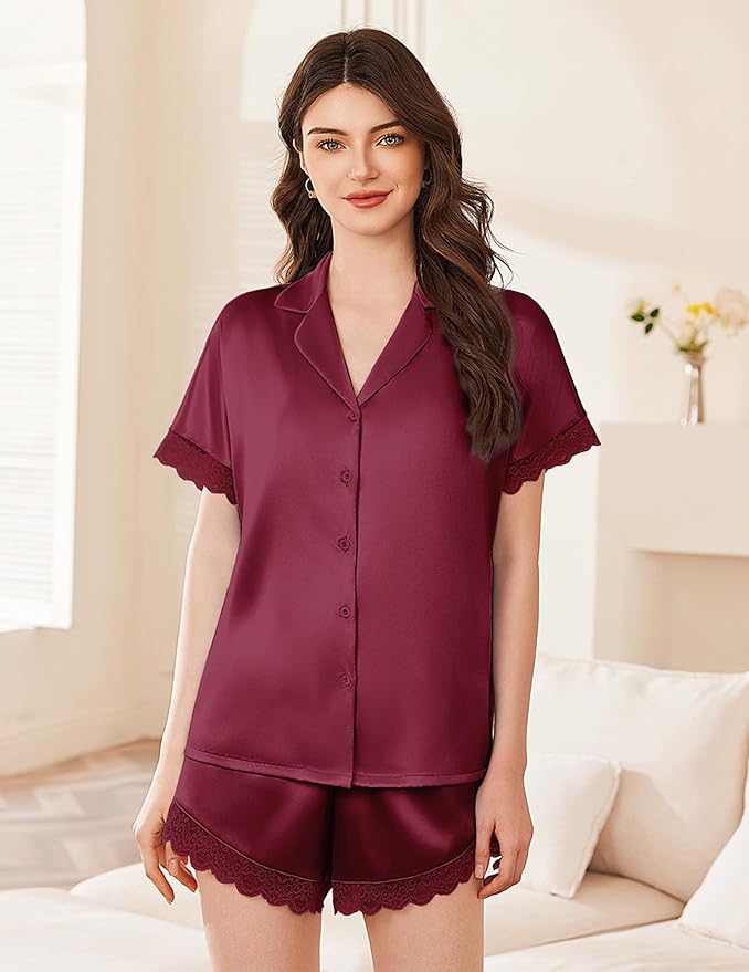 Ekouaer Womens Lace Satin Pajama Set Button Down Pj Shorts Set Bridesmaids Getting Ready Outfits Casual Sleepwear XS-XXL