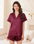Ekouaer Womens Lace Satin Pajama Set Button Down Pj Shorts Set Bridesmaids Getting Ready Outfits Casual Sleepwear XS-XXL