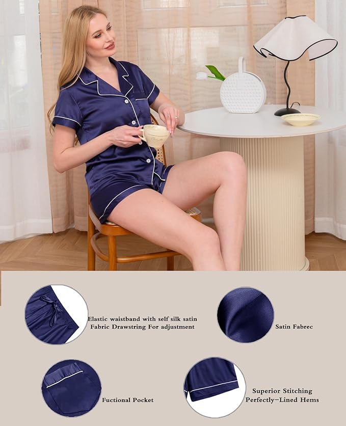 WJing Yi Jia 4Pcs Womens Satin Silky Pajama Sets Short Sleeve Shirt XS-4XL Floral Pajamas Set Soft PJ Loungewear Sleepwear