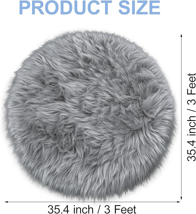 Faux Fur Grey Round Rugs 3ft for Bedroom, Small Fluffy Fuzzy Circle Rug Furry Shag Shaggy Carpet for Living Room Kids Teen Girls Room, Plush Circular Rug for Nursery Room