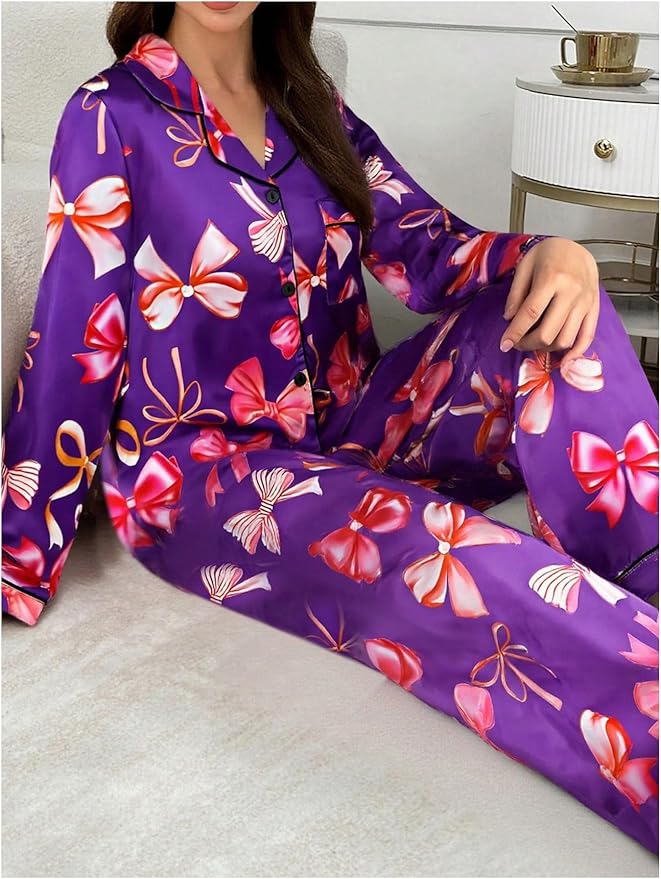 WDIRARA Women's 2 Piece Bowknot Print Satin Pajama Set Long Sleeve Button Down Lounge Pants Sleepwear Sets
