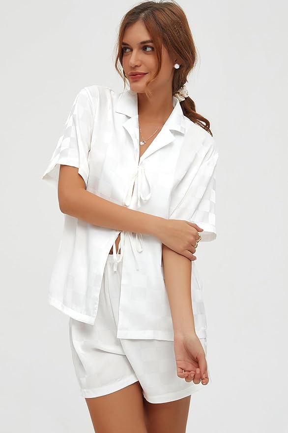 CHYRII Women's Silk Satin Pajamas Sets Tie Front Short Sleeve Tops and Shorts Two Piece Pj Sets Sleepwear