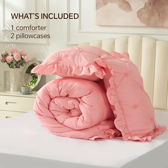 BEDELITE Pink Twin Comforter Set - 2 Peices Boho Ruffle Pintuck Bedding Comforter Sets, Lightweight Soft & Warm Twin Bedding Sets with 1 Pillowcase for All Season