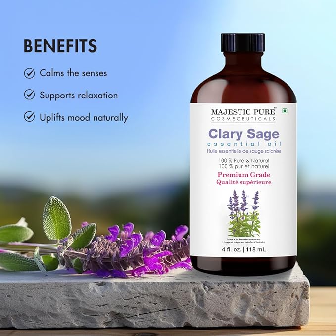 Majestic Pure Essential Oil with Glass Dropper - 100% Pure and Natural - Essential Oils for Diffuser, Aromatherapy, Soap and Candle Making, Clary Sage Essential Oil, Clary Sage Oil, 4 Fl Oz