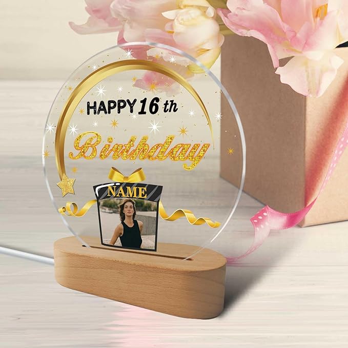 Customized Birthday Gifts Personalized Acrylic LED Night Light Lamp Crystal Ball Plaque Custom Photo Name Birthday Gifts for Mom Kids (Black and Gold)