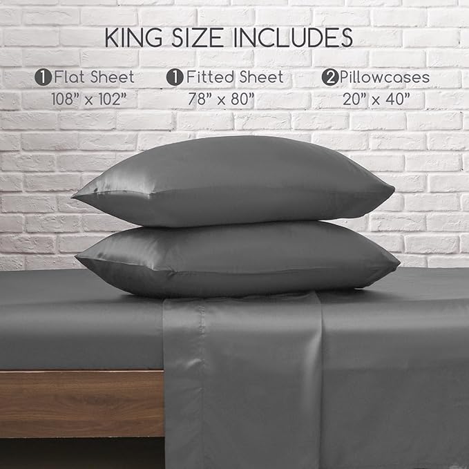 MR&HM Satin Bed Sheets, King Size Sheets Set, 4 Pcs Silky Bedding Set with 15 Inches Deep Pocket for Mattress (King, Dark Grey)