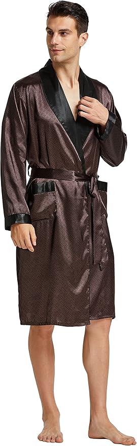 Tony & Candice Men's Satin Robe Lightweight Long Sleeve Silk Kimono Bathrobe with Shorts Set Sleepwear