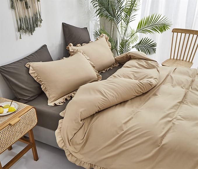 CLOTHKNOW Champagne Ruffle Queen Comforter Set Taupe Bedding Comforter Sets Soft Shabby Chic Farmhouse Comforter with 2 x Pillow Cases
