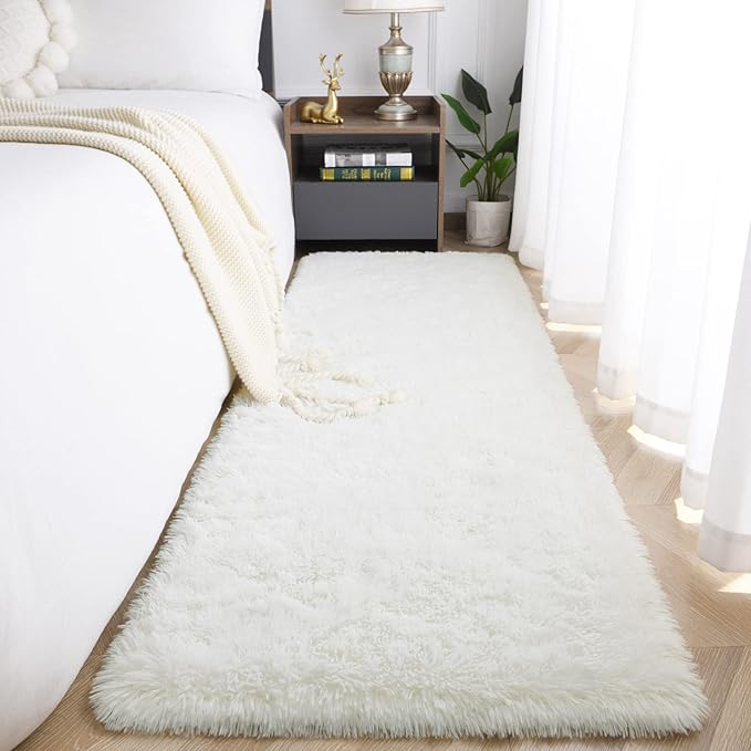 Jelymark Super Soft Shaggy Rug for Bedroom, 2x6 Feet Fluffy Carpet for Living Room, Fuzzy Indoor Plush Area Rug for Home Decor, Furry Floor Rugs for Dorm, Kids Nursery Rug for Girls, Cream White