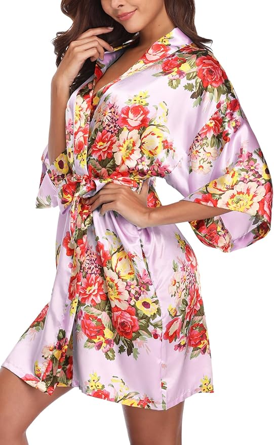 Women's Floral Satin Robes Bride Bridesmaid Getting Ready Robe Short Silky Kimono Sleepwear for Wedding Party