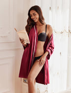 Ekouaer Women's Satin Robe Short Bridesmaid Bride Feather Bridal Robe Kimono Silky Long Sleeve Bathrobe S-XXL