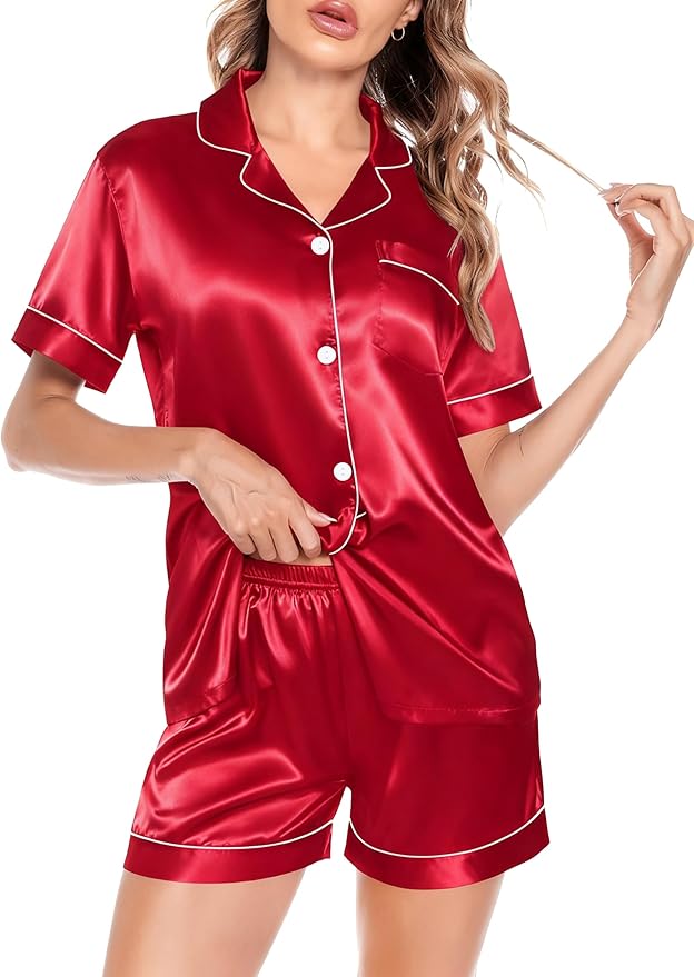 SWOMOG Satin Matching Pajamas Sets Couple Silk Button Down Nightwear Women & Men Short Sleeve Sleepwear 2 Pieces Loungewear