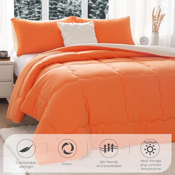COTTEBED Winter Reversible Softness Burnt Orange and Beige Twin Comforter Set for Girls Kids College Dorm, Warm Thick Breathable Fluffy Cozy Comfy Bedding Down Comforter Christmas, Twin/Twin XL