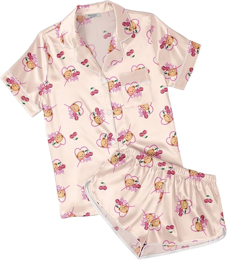 Ekouaer Womens Silk Satin Pajamas Short Sleeve PJS Shorts Set Soft Button Down Sleepwear 2 Piece Loungewear S-5XL