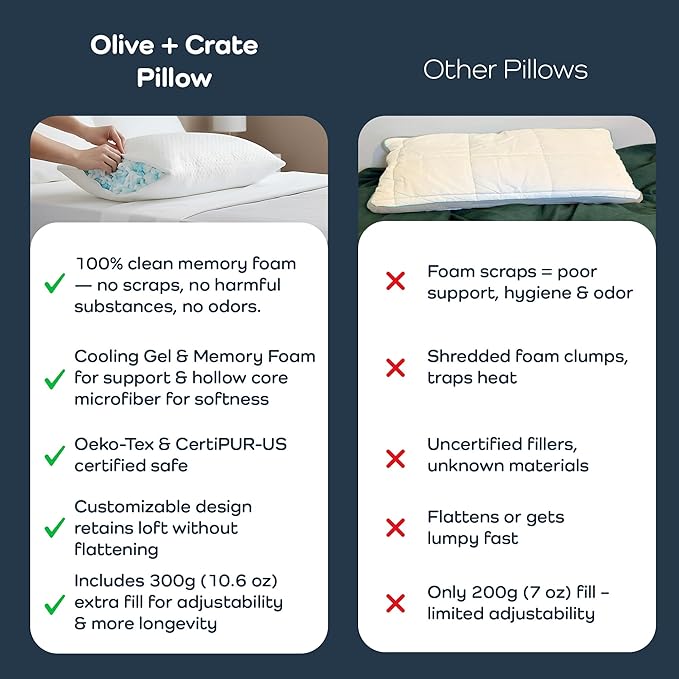 Olive + Crate BreathePure™ Adjustable Cooling Shredded Memory Foam Pillow - Breathable Bamboo Viscose Cover for Temperature Control - Gel Pillows for Side Sleepers - Queen Size